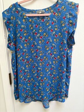 Pleione Blue Floral Tank with Red and Yellow Blooms